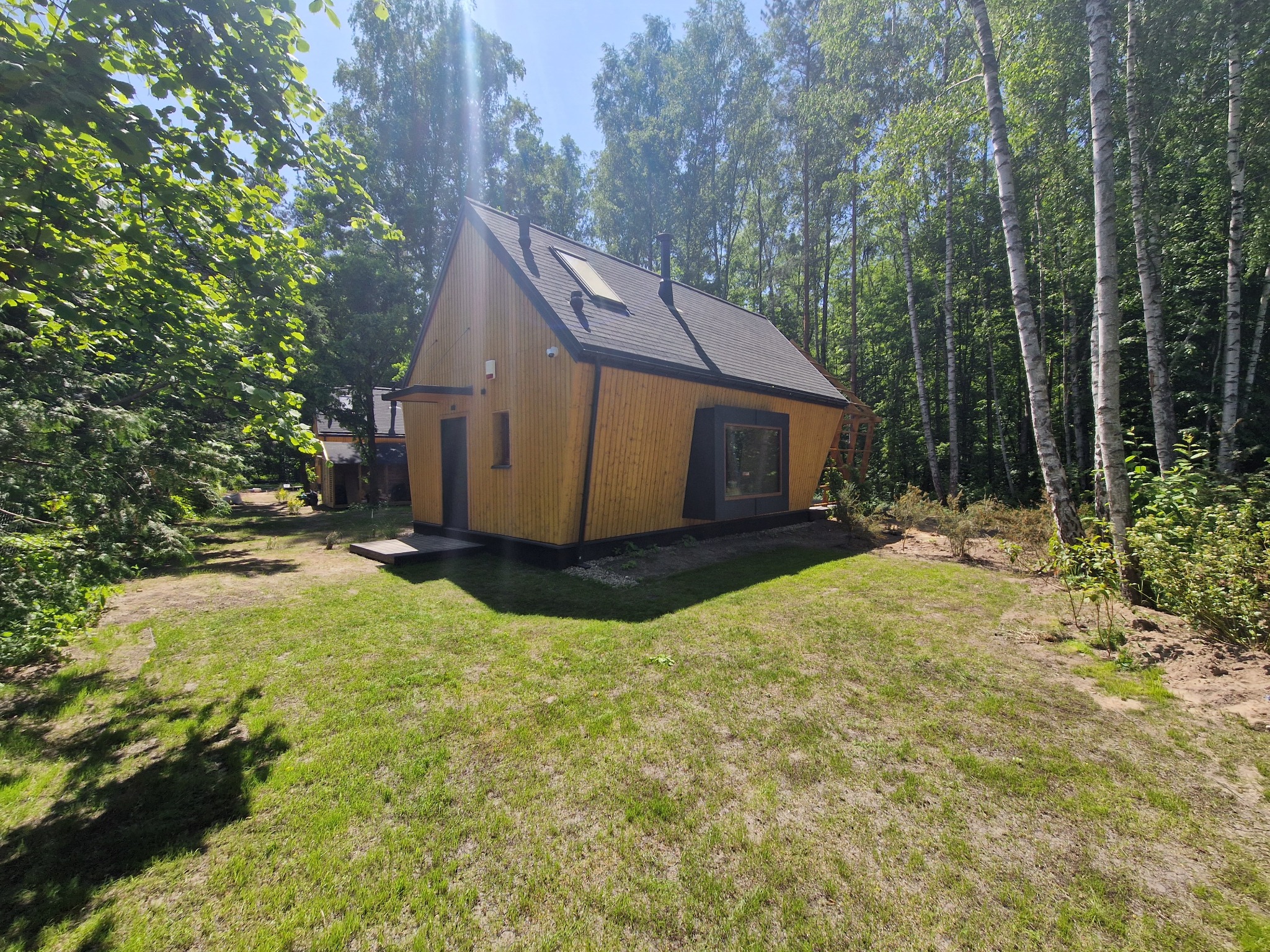 Nowoczesny, drewniany dom z czarnym dachem na skraju lasu. Nietypowy kształt, duże okno i komin. Jasne drewno kontrastuje z ciemnymi elementami wykończenia.