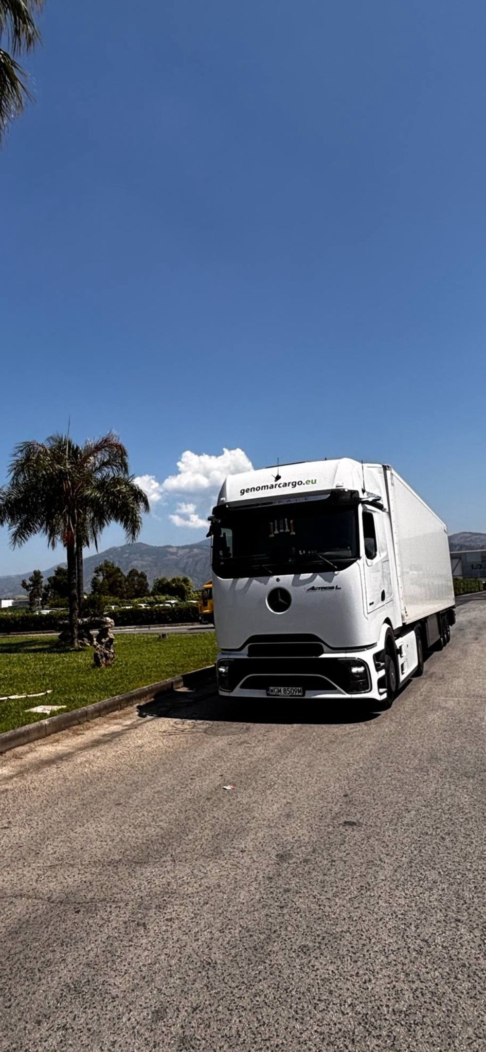 Biała ciężarówka marki Mercedes z naczepą, zaparkowana na tle zieleni i błękitnego nieba z chmurami. Widoczny adres strony internetowej na kabinie.