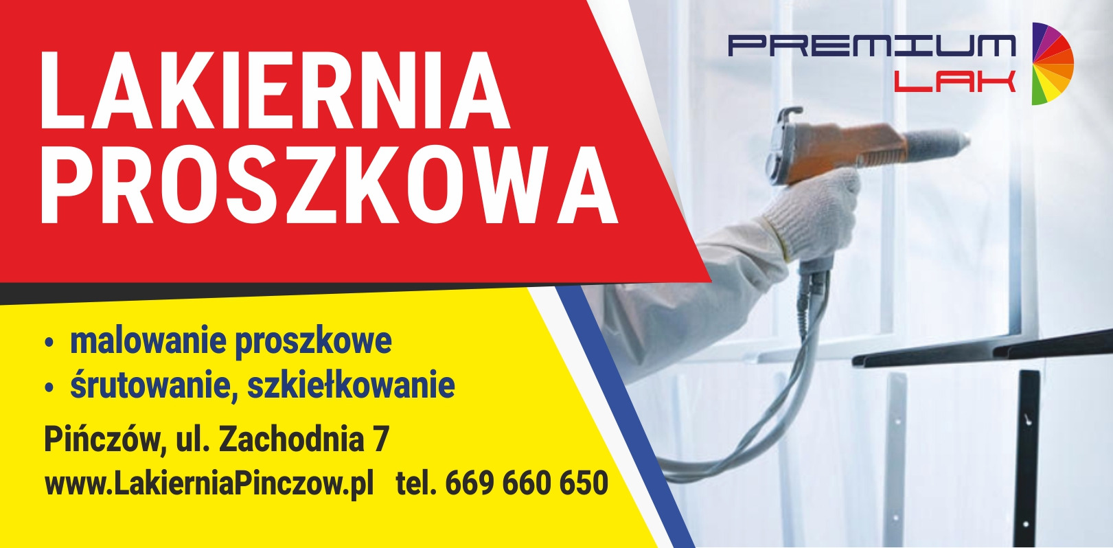 Baner lakierni proszkowej z operatorem i narzędziem. Reklama usług: malowanie i śrutowanie. Adres: Pińczów, ul. Zachodnia 7, kontakt: www.LakierniaPinczow.pl