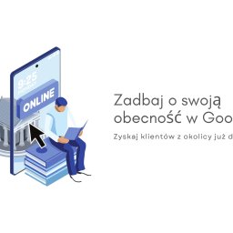 Twoja-Wizytowka.pl - Grafika: Smartfon z ikoną budynku, kursorem i napisem 'ONLINE'. Osoba czyta książkę. Hasło: 'Zadbaj o swoją obecność w Google!'.