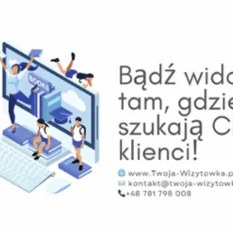 Ilustracja: Uczniowie wchodzą na ekran komputera z napisem 'BOOKS', klawiatura na pierwszym planie. Tekst: 'Bądź widoczny tam, gdzie szukają Cię klienci!'