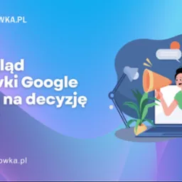 Ilustracja: Kobieta z megafonem wychodzi z laptopa, obok ikony wiadomości i zegara. Tekst: Jak wizytówka Google wpływa na decyzje klienta? Twoja-wizytowka.pl.