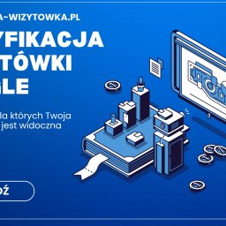 Twoja-Wizytowka.pl - Grafika w odcieniach niebieskiego, prezentująca koncepcję weryfikacji wizytówki Google. Stylizowane ikony, wykresy i tekst: '5 powodów, dla których Twoja wizytówka nie jest widoczna'.