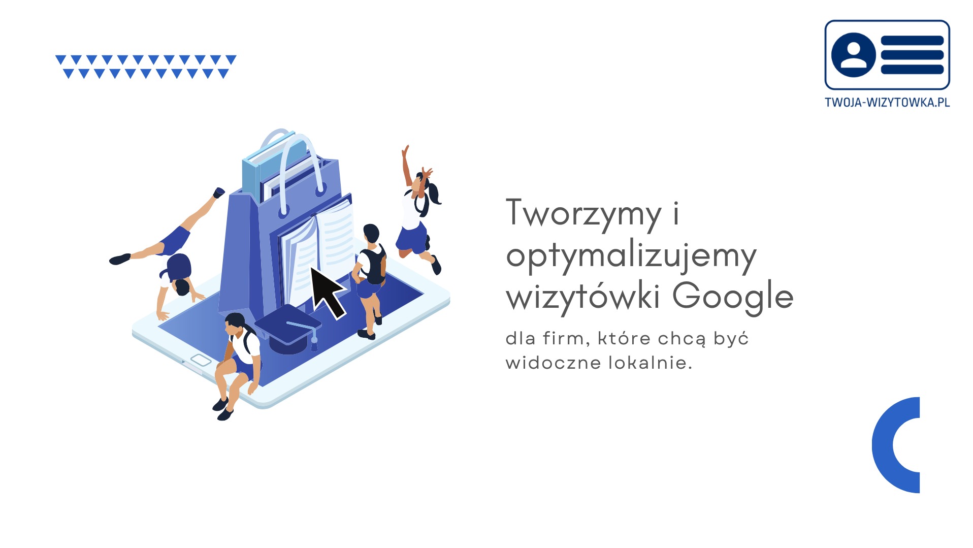 Grafika: Optymalizacja wizytówek Google dla firm, z motywem edukacyjnym i elementami graficznymi na tablecie. Hasło: Twoja-wizytowka.pl.