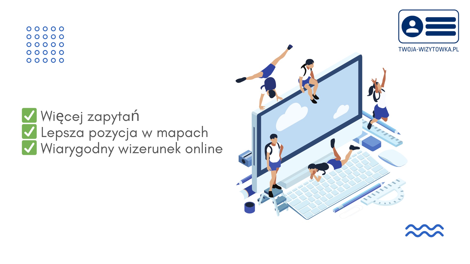 Ilustracja wektorowa: osoby w ruchu wokół monitora i klawiatury, z hasłami o poprawie widoczności online i logo 'Twoja-Wizytowka.pl'.