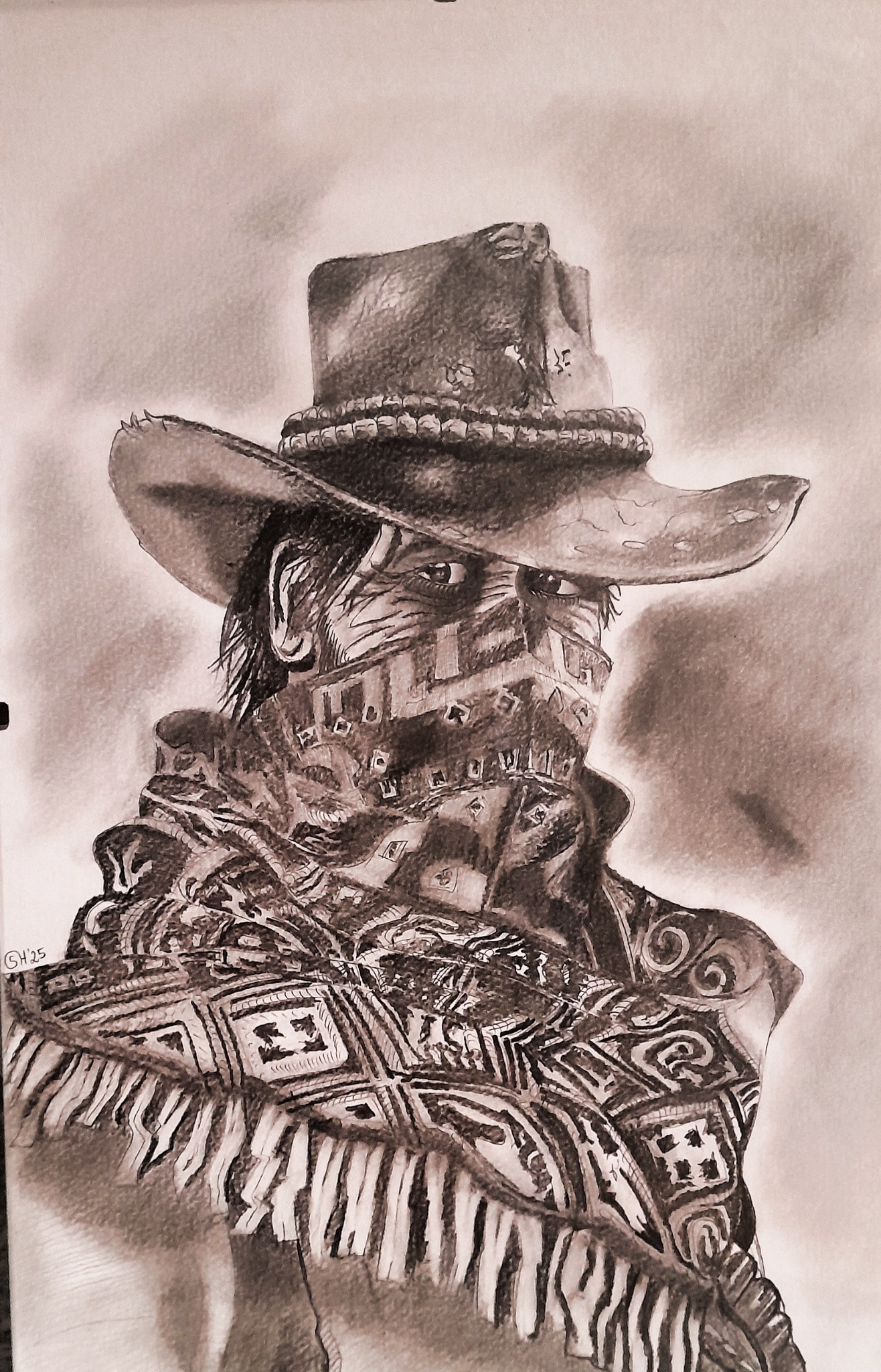 Ręcznie rysowany portret kowboja w kapeluszu i bandanie na twarzy, wykonany ołówkiem na papierze. Widoczne detale ubrania i charakterystyczny wyraz twarzy.