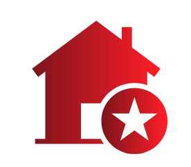 Czerwony ikoniczny dom z gwiazdą w kółku, symbolizujący atrakcyjną ofertę nieruchomości lub preferencyjne warunki kredytu hipotecznego.