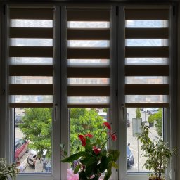 BW Rolety - Zasłonięte okno trzema roletami dzień-noc w kolorze beżowym. Na parapecie stoją dwie doniczki z kwiatami. Za oknem widok na parking i zieleń.