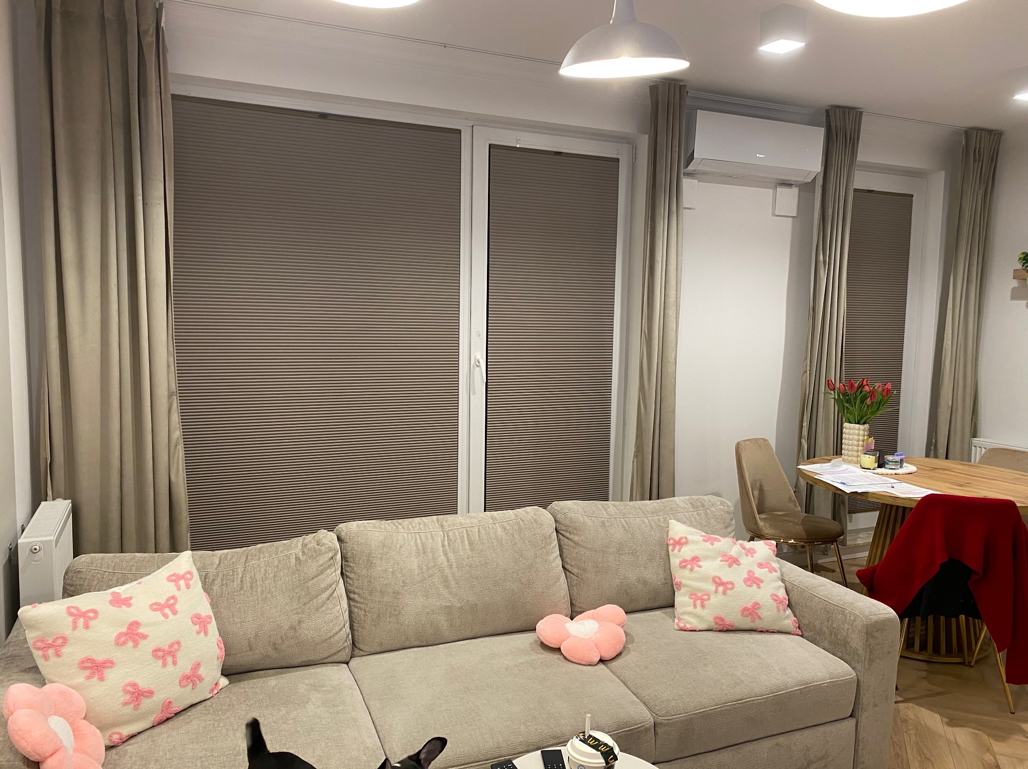 Beżowe plisy okienne w nowoczesnym salonie z sofą i zasłonami. Stonowana kolorystyka, ciepłe oświetlenie. Widok na okno z plisami od wewnątrz.