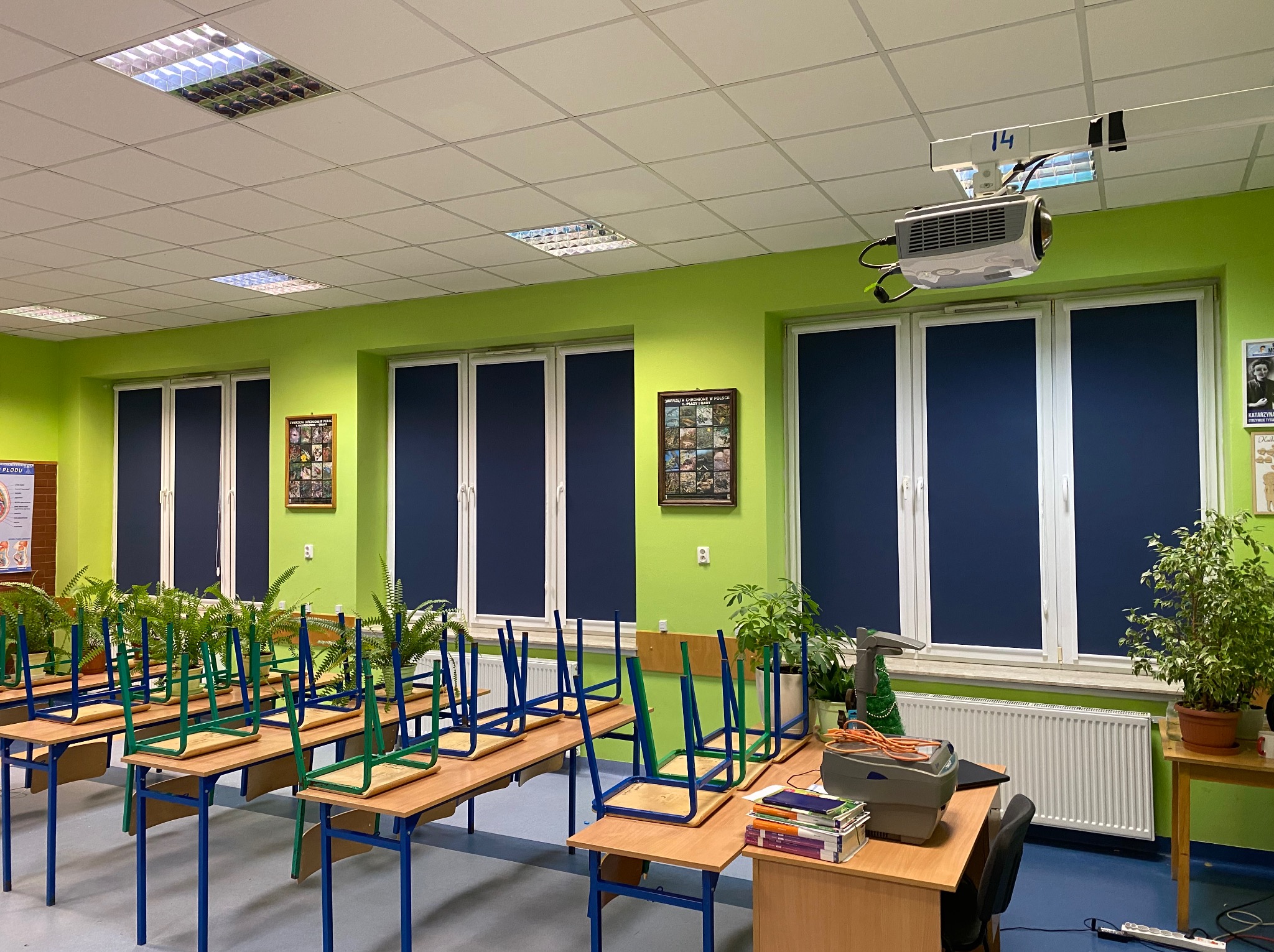 Zasłonięte, granatowe rolety w oknach zielonej sali lekcyjnej. Na suficie widoczny projektor. Krzesła na stołach, doniczki z roślinami na parapetach.