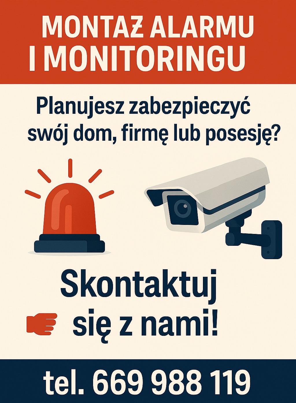 Ilustracja: montaż alarmu i monitoringu. Czerwony sygnalizator i kamera przemysłowa. Zapytanie o zabezpieczenie domu, firmy lub posesji. Kontakt telefoniczny.