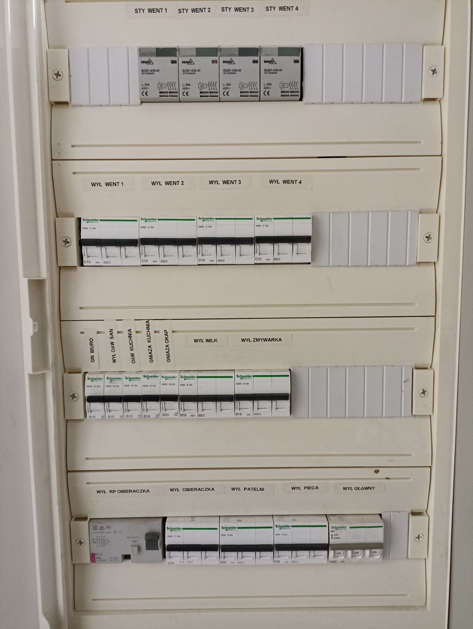 Rozdzielnia elektryczna wewnątrz mieszkania z bezpiecznikami oznaczonymi dla różnych obwodów: kuchni, łazienki, oświetlenia i gniazd. Widoczne bezpieczniki marki Schneider i Bemko.