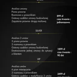 Cennik usług prawnych w trzech pakietach: Basic, Silver, VIP. Oferta obejmuje analizę umów, pisma prawne, rozmowy z prawnikiem i szablony umów budowlanych.