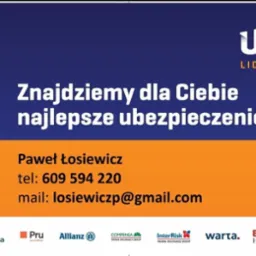 Kobieta wskazuje na ofertę Unilink: 'Znajdziemy dla Ciebie najlepsze ubezpieczenie!'. Kontakt do Pawła Łosiewicza. Logotypy ubezpieczycieli w dolnej części.