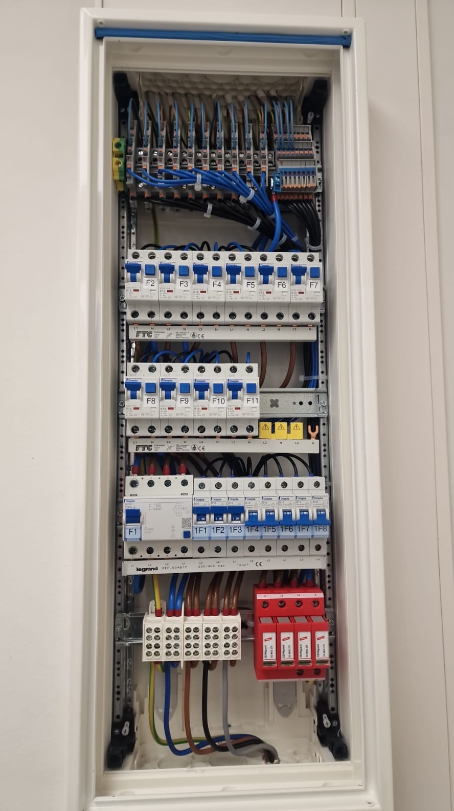 Rozdzielnica elektryczna w białej obudowie, z bezpiecznikami oznaczonymi F1-F11 i 1F1-1F8, z niebieskimi i brązowymi przewodami. Widoczne zabezpieczenia przeciwprzepięciowe.