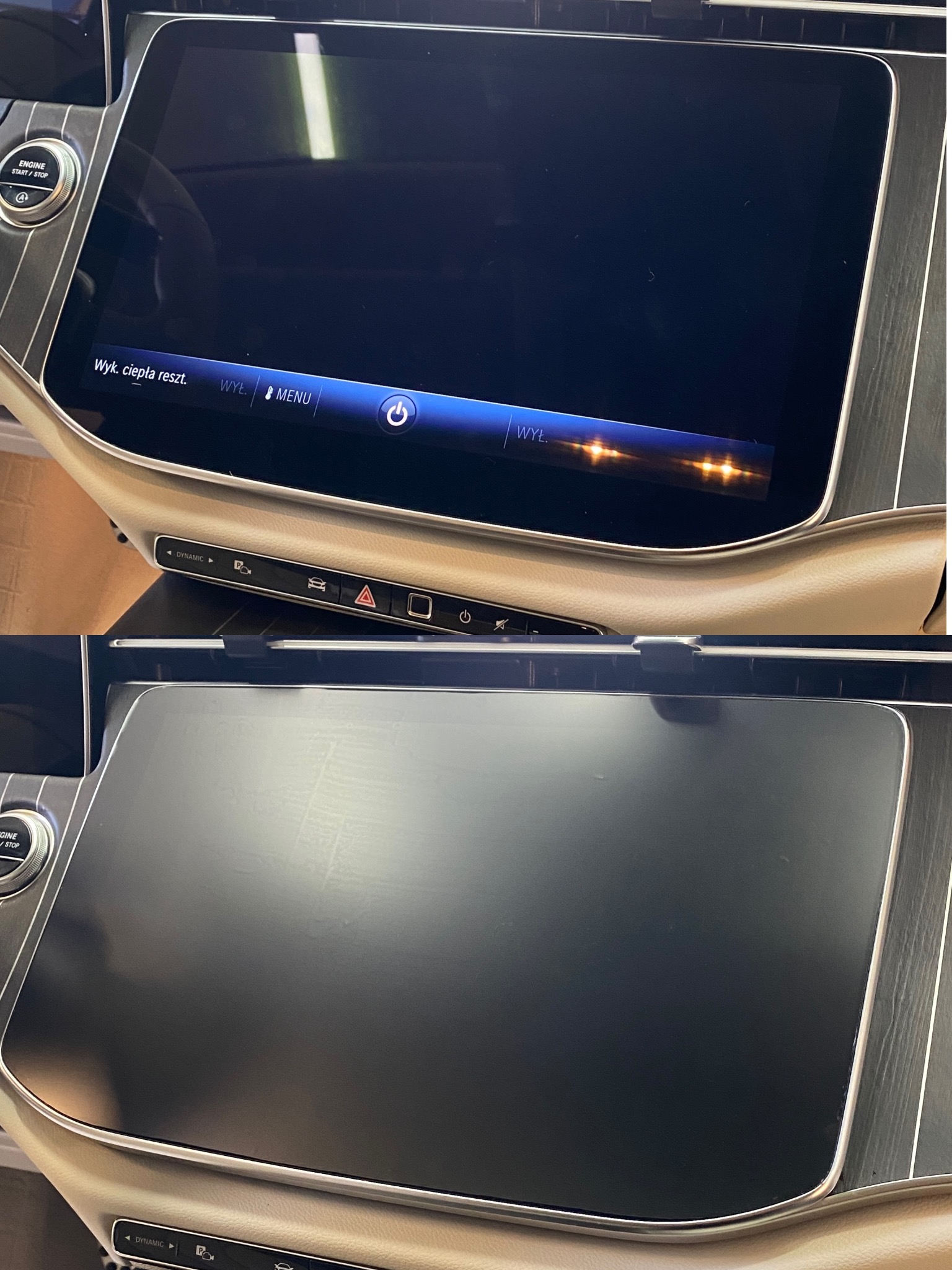 Dwa ujęcia deski rozdzielczej samochodu, przed i po czyszczeniu. Górne ujęcie z włączonym ekranem, dolne z wyłączonym, oba ukazują detale wnętrza.