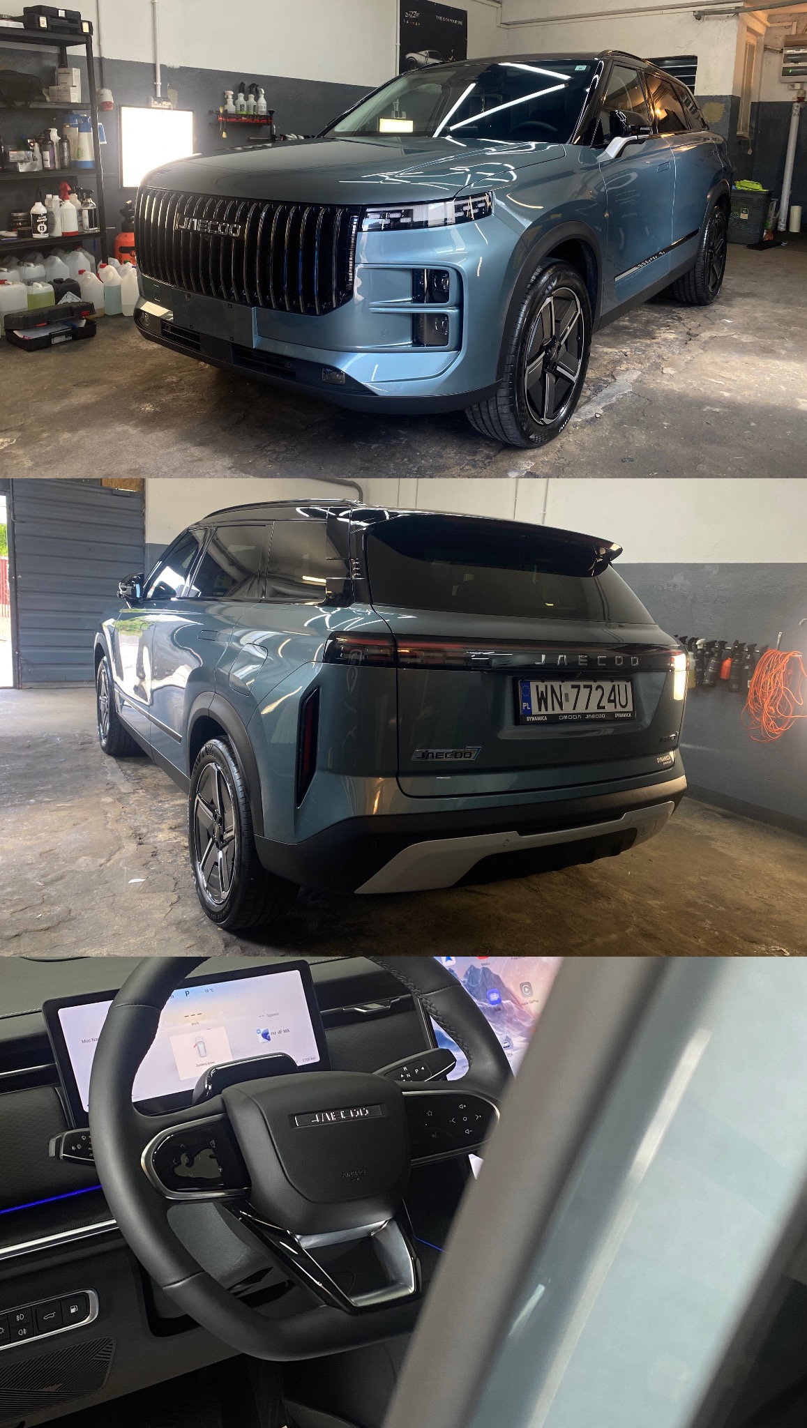 Błękitny samochód marki Jaecoo po detailingu w myjni, widok z przodu, tyłu i wnętrza. Błyszczące lakier i opony, czyste wnętrze. Tablica rejestracyjna WN 7724U.