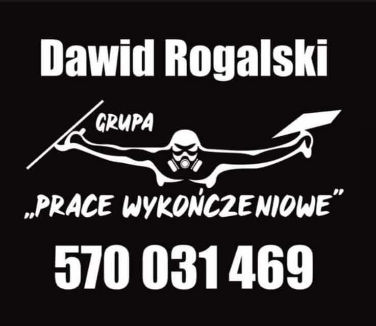 Logo firmy Dawid Rogalski Grupa, prace wykończeniowe. Grafika przedstawia postać w masce gazowej z wałkiem i szpachelką. Numer telefonu: 570 031 469.