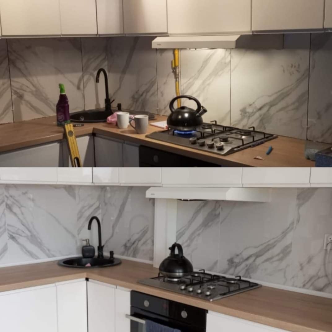 Kuchenne wnętrze przed i po remoncie: białe szafki, marmurowe płytki, czarny zlew i płyta gazowa. Na blacie czajnik i akcesoria. Widoczna różnica w designie.