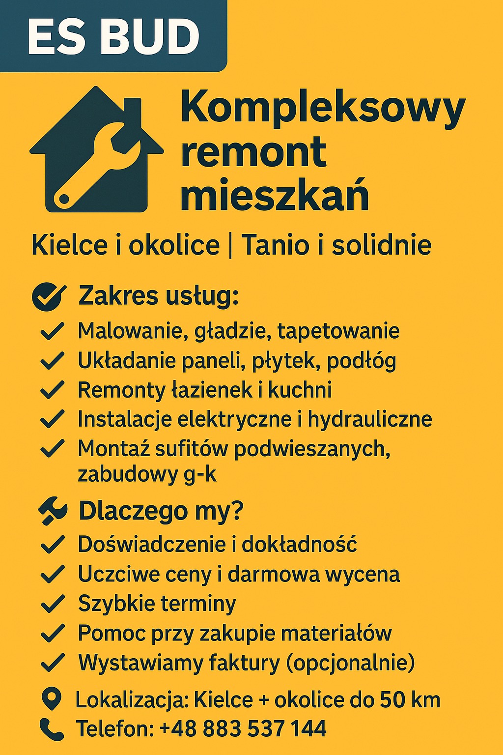 Żółty baner reklamowy firmy ES BUD z Kielc oferującej kompleksowe remonty mieszkań, łazienek i kuchni, malowanie, układanie podłóg i instalacje. Kontakt telefoniczny.