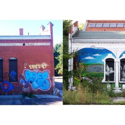 Epicdot - Porównanie ściany budynku przed i po wykonaniu muralu. Lewa strona z graffiti, prawa z artystycznym malowidłem przedstawiającym krajobraz.