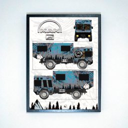 Epicdot - Grafika w ramce prezentuje projekt pojazdu MAN z unikalnym wzorem kamuflażu w odcieniach błękitu i czerni, z motywem lasu. Widok z przodu i z boku, na białym tle.
