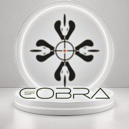 Epicdot - Ilustracja logo firmy 'COBRA SF' z symbolem w kształcie kwiatu z elementami węża, umieszczone na białym podeście z podświetleniem LED i szarym tle.