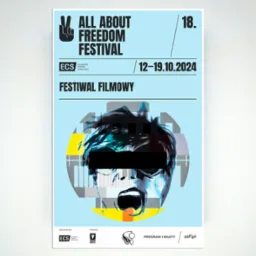 Plakat promujący Festiwal Filmowy All About Freedom Festival 2024. Grafika przedstawia abstrakcyjny portret z elementami graficznymi i datą wydarzenia.