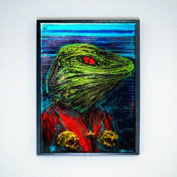 Epicdot - Oprawiony obraz przedstawia abstrakcyjną postać z zieloną głową, czerwonymi oczami i czerwono-złotym strojem na tle niebiesko-czarnych pociągnięć pędzla. Widoczne faktury farby.