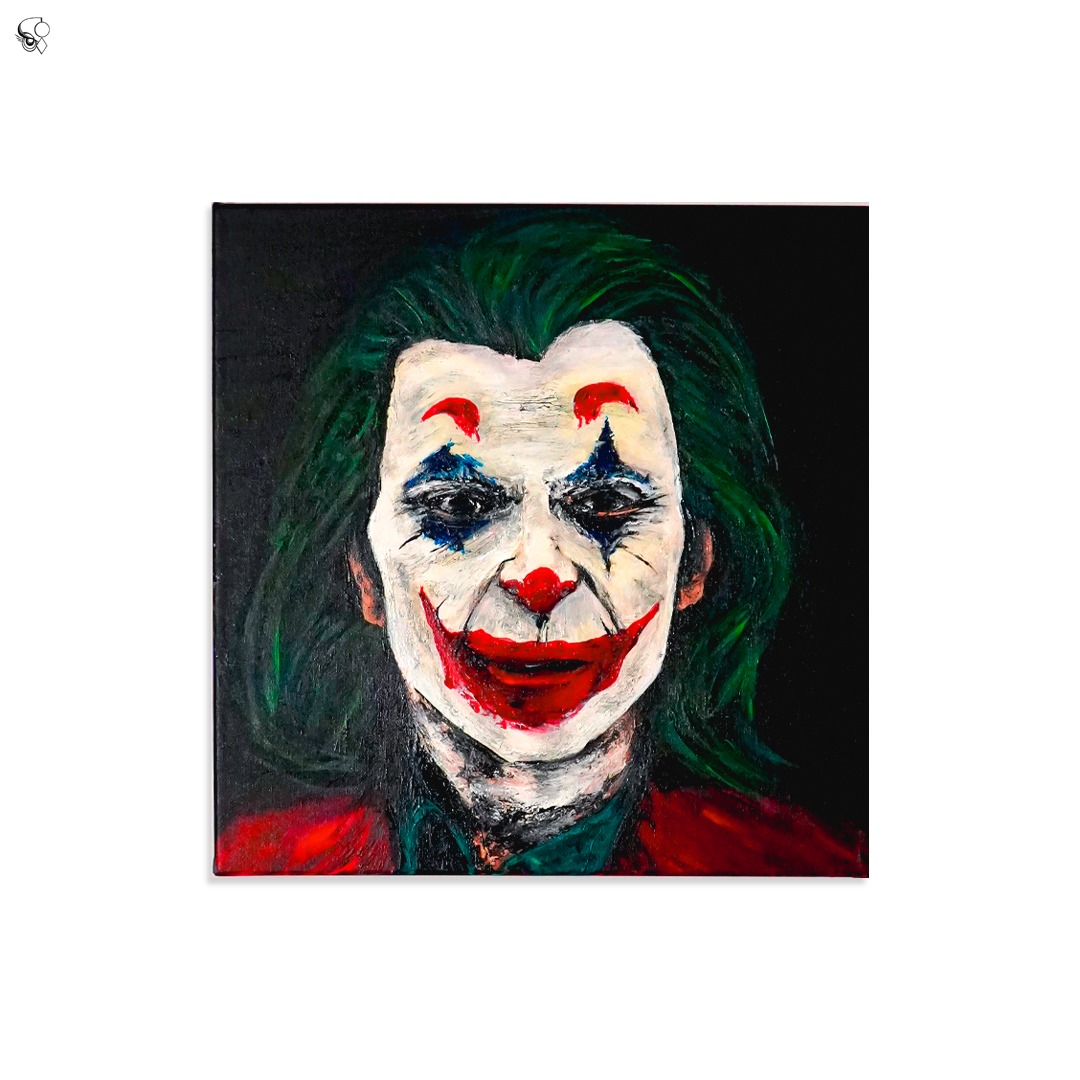 Portret Jokera namalowany farbami olejnymi na płótnie. Widoczne detale makijażu i mimiki. Mroczny klimat i ekspresyjna technika malarska.