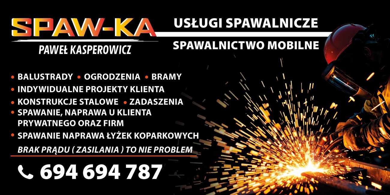 Baner firmy spawalniczej: spawacz w hełmie podczas pracy, iskry, oferta balustrad, ogrodzeń, bram i konstrukcji stalowych. Dostępność mobilna i naprawa łyżek koparkowych.