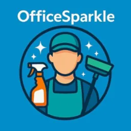 Grafika: Stylizowana postać sprzątacza z rozpylaczem i myjką w okręgu, logo 'OfficeSparkle' u góry, na błękitnym tle.