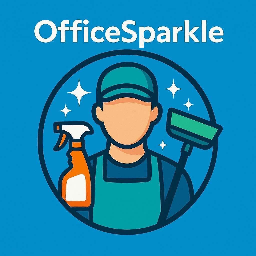 Grafika: Stylizowana postać sprzątacza z rozpylaczem i myjką w okręgu, logo 'OfficeSparkle' u góry, na błękitnym tle.
