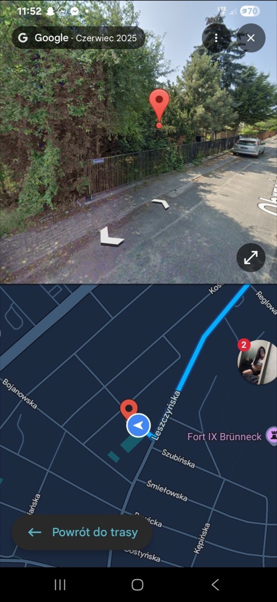 Widok ulicy z Google Maps, z zaznaczoną lokalizacją pinem. Widoczne drzewa, chodnik, ulica i fragment mapy z nazwami ulic. Data w Google oznaczona na Czerwiec 2025.