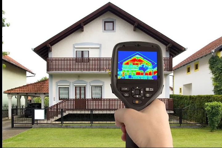 Termowizja domu jednorodzinnego z balkonem, widok z zewnątrz, na ekranie termowizyjnym widoczne straty ciepła. Dom otoczony zielonym trawnikiem i ogrodzeniem.