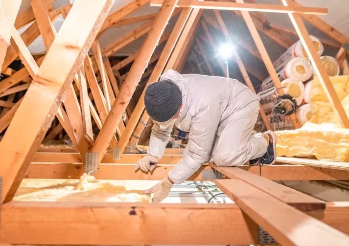 Pracownik w kombinezonie ochronnym ociepla poddasze wełną mineralną, widoczne drewniane elementy konstrukcji dachu i rolki izolacji w tle.