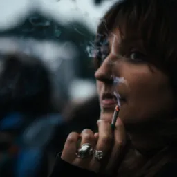 Portret kobiety z papierosem w ustach, dym unosi się w powietrzu. Widoczne srebrne pierścionki na palcach, ostre światło pada na profil twarzy.