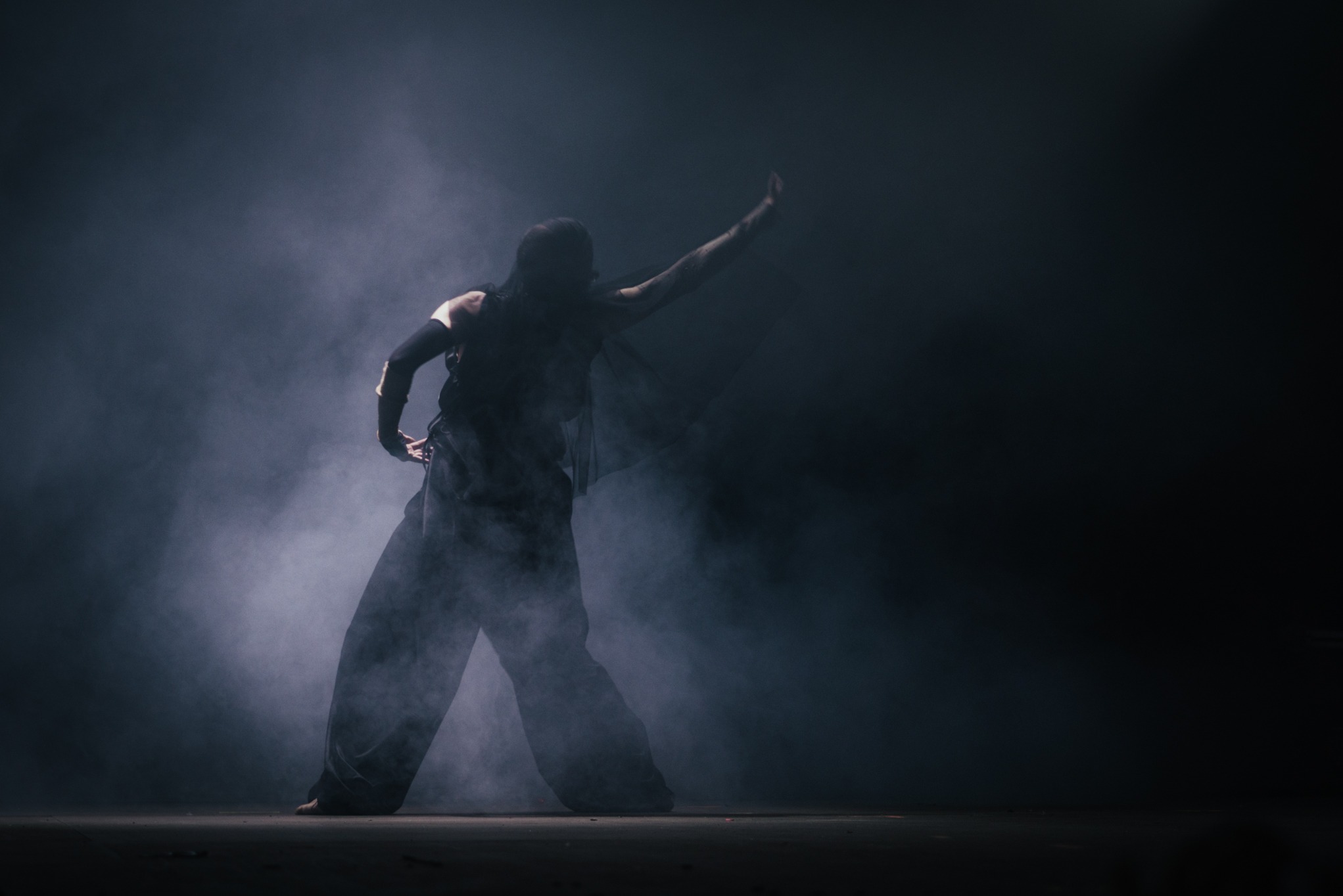 Sylwetka tancerki w dynamicznej pozie, oświetlona teatralnym światłem i otoczona dymem na scenie. Ujęcie z dołu podkreśla ekspresję ruchu i atmosferę wydarzenia.