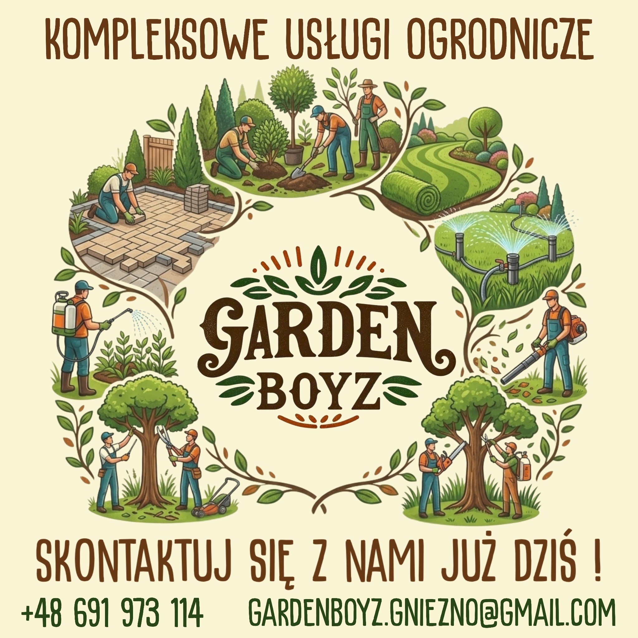 Ilustracja prezentująca kompleksowe usługi ogrodnicze: układanie kostki, sadzenie, trawa z rolki, nawadnianie, pielęgnacja i wycinka drzew. Logo firmy Garden Boyz.