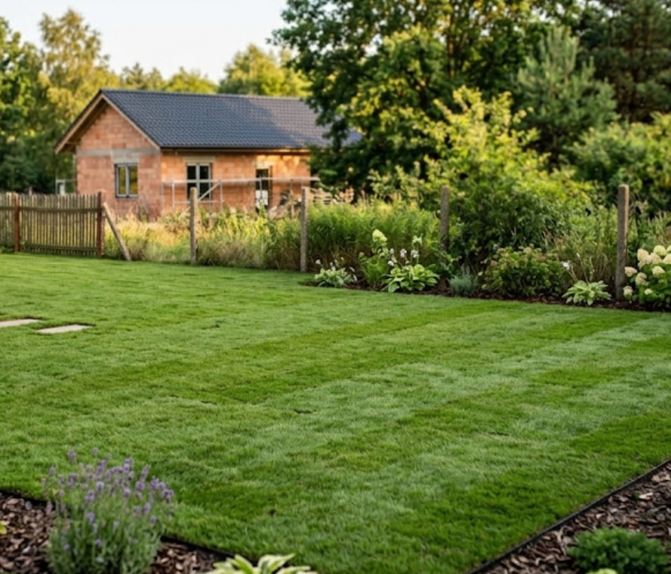 Świeżo założony trawnik z rolki, z widocznymi pasami po wałowaniu. W tle budynek w trakcie budowy i ogrodzenie. Całość w otoczeniu zieleni.