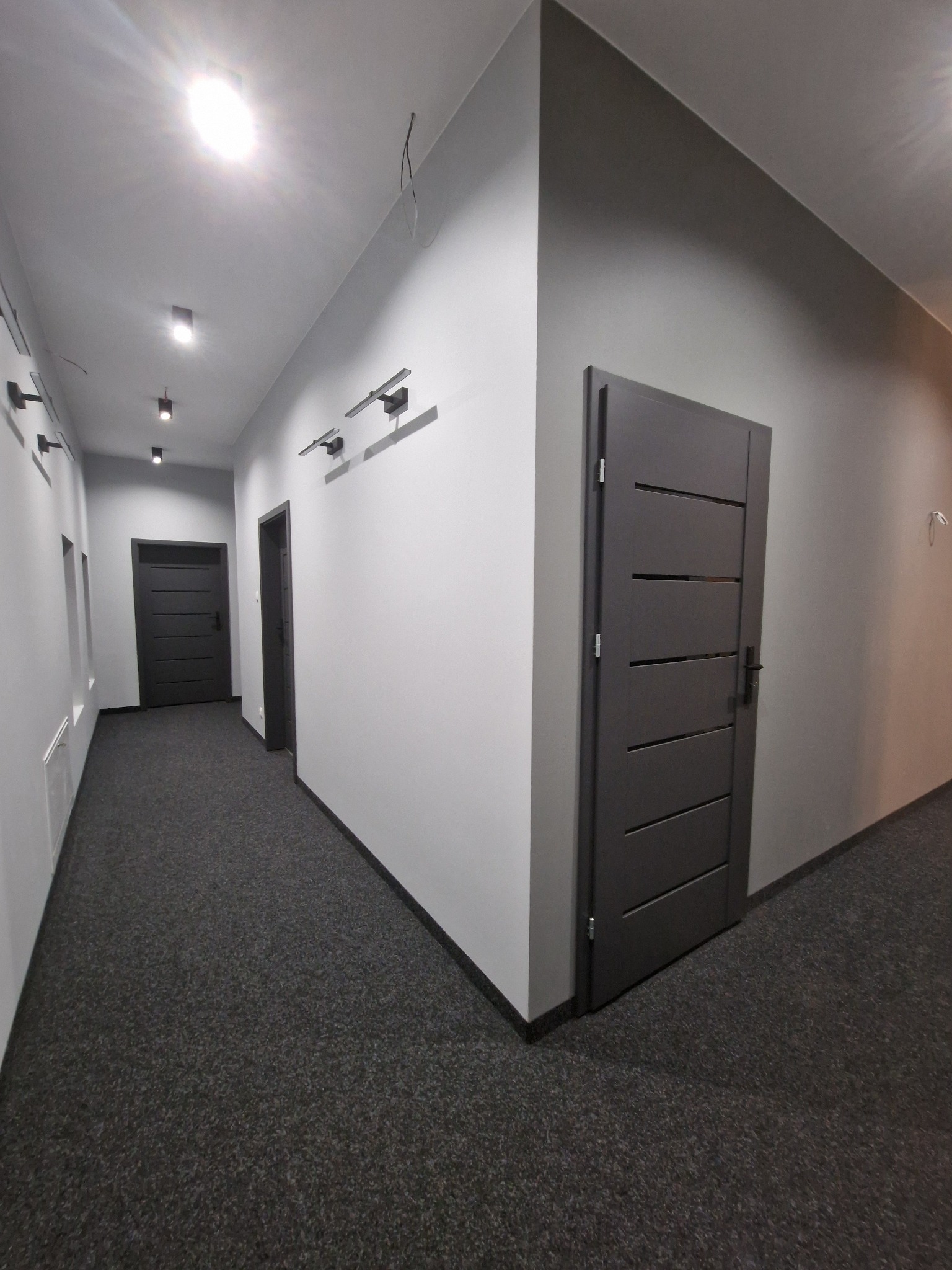Szary korytarz z ciemną wykładziną i nowoczesnymi drzwiami z poziomymi frezami, oświetlony punktowo. Widoczne lampy ścienne i sufitowe.