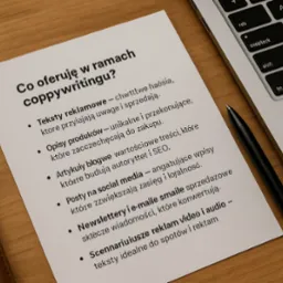Oferta copywritingu na kartce obok laptopa i długopisu. Teksty reklamowe, opisy produktów, artykuły blogowe, posty social media, newslettery i scenariusze reklam.