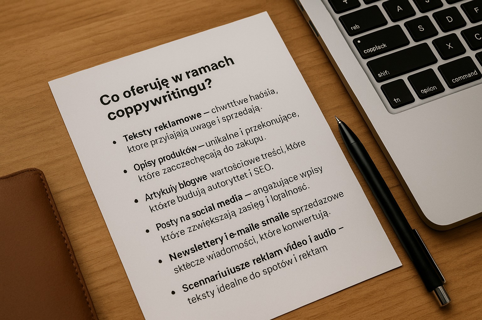 Oferta copywritingu na kartce obok laptopa i długopisu. Teksty reklamowe, opisy produktów, artykuły blogowe, posty social media, newslettery i scenariusze reklam.