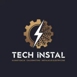 Logo firmy Tech Instal: złota zębatka i płatek śniegu przecięte błyskawicą, biały napis 'TECH INSTAL' i 'KLIMATYZACJA CHŁODNICTWO INSTALACJE ELEKTRYCZNE'.