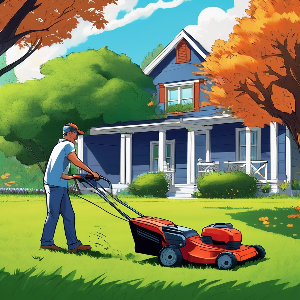 Mężczyzna kosi trawę czerwoną kosiarką na tle błękitnego domu z białymi kolumnami i zielonych drzew w słoneczny dzień.