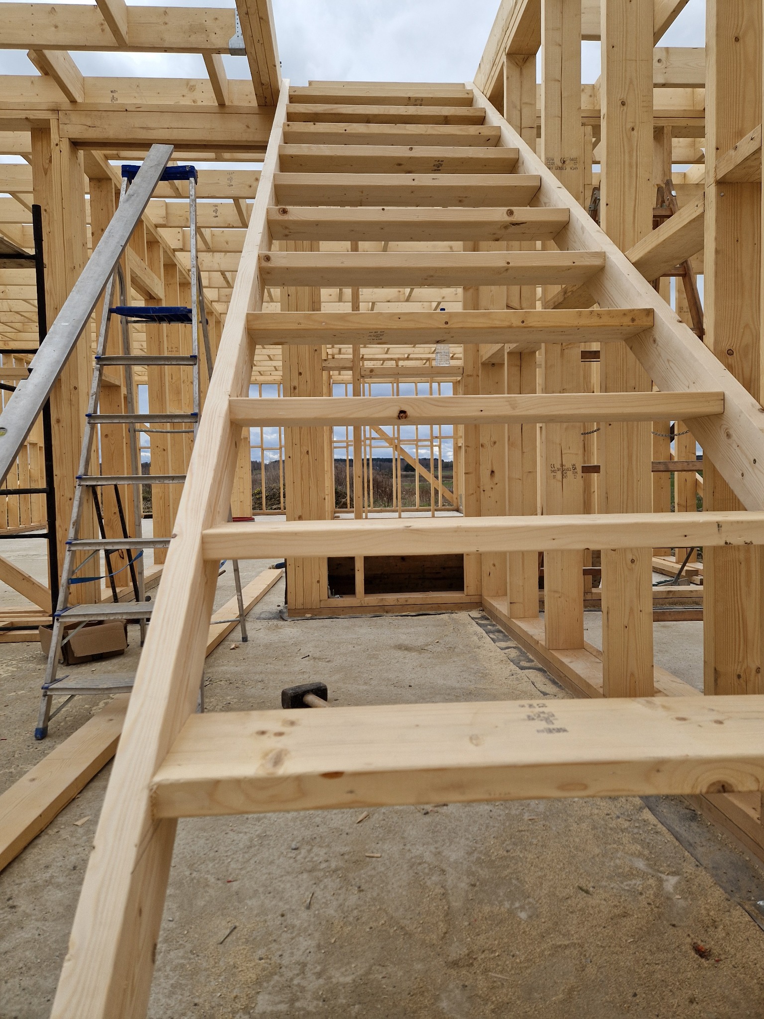 Wnętrze w trakcie budowy domu szkieletowego: drewniana konstrukcja ścian, schody tymczasowe i drabina. Widok na krajobraz przez otwory okienne.