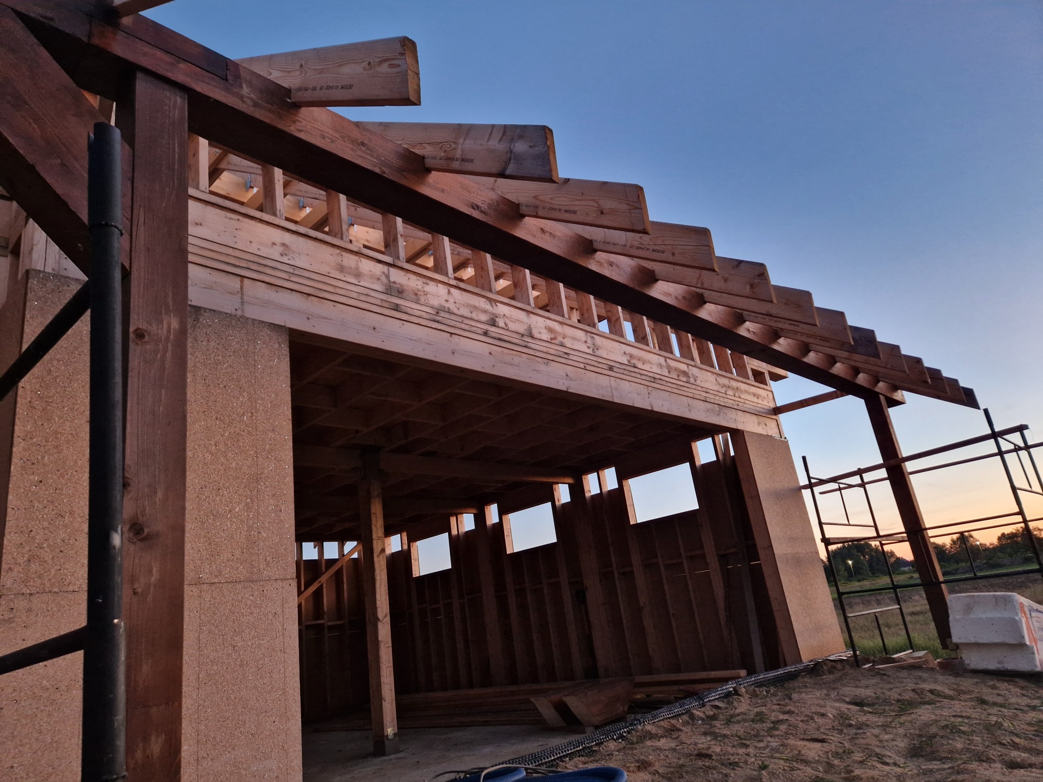 Konstrukcja szkieletowa domu w trakcie budowy, widok z dołu, o zmierzchu. Widoczne drewniane elementy i płyty OSB, rusztowanie. Niebo w tle.