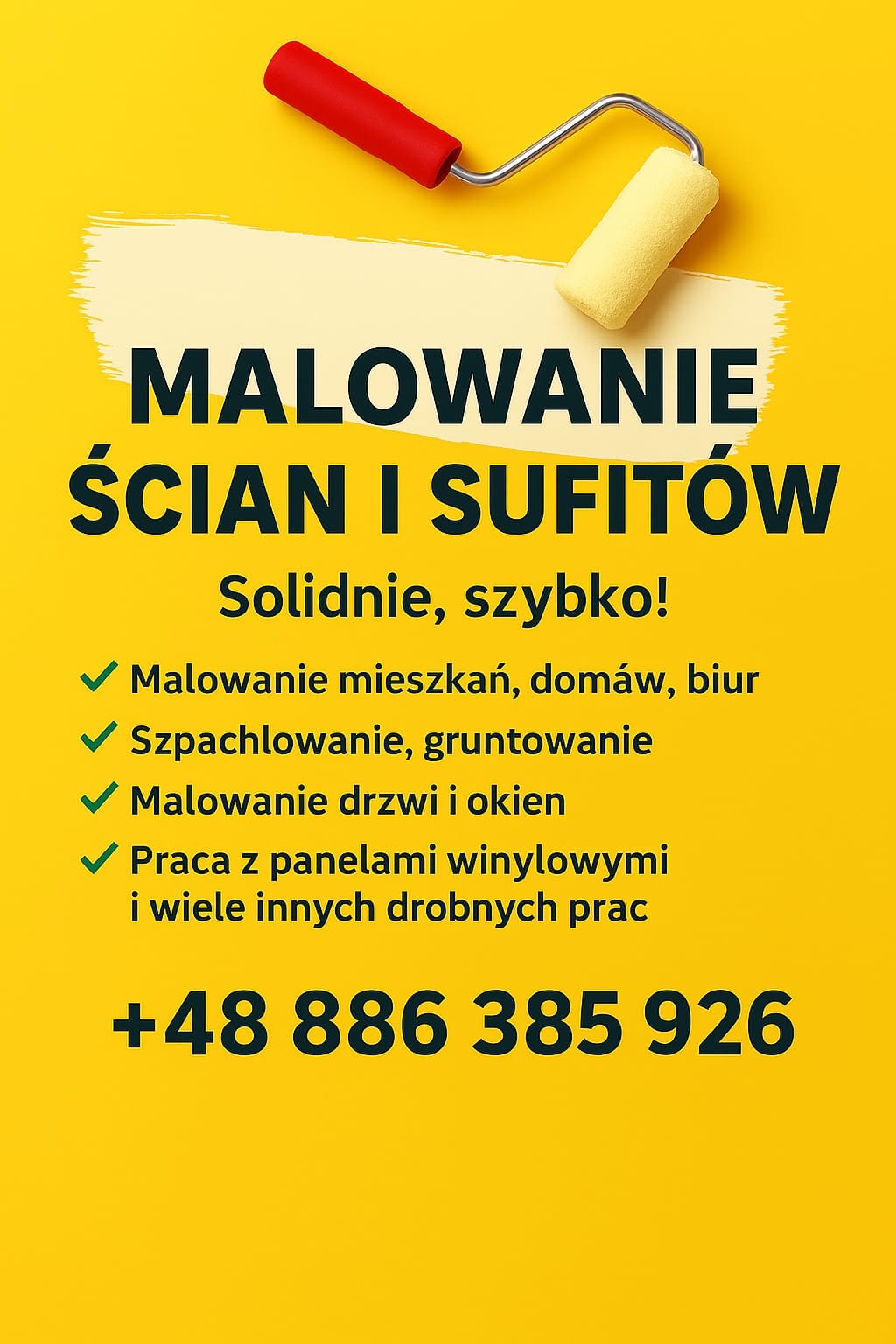 Żółty baner reklamowy z wałkiem malarskim i hasłem 'Malowanie ścian i sufitów. Solidnie, szybko!' oraz numerem telefonu.