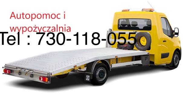 Żółta laweta z napisem 'Autopomoc i wypożyczalnia' oraz numerem telefonu 730-118-055 na białym tle. Widok z boku na platformę transportową i koło zapasowe.