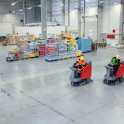 Dwóch operatorów na samojezdnych maszynach czyszczących posadzkę w hali magazynowej z zapasami, widoczne wózki widłowe i bramy w tle.
